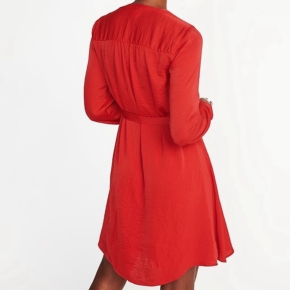 Old Navy Red Satin Silk like button up Tie Belted Shirt Dress XL - Picture 3 of 9